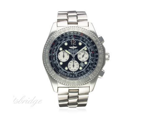 A GENTLEMAN'S STAINLESS STEEL BREITLING B-2 AUTOMATIC CHRONOGRAPH BRACELET WATCH CIRCA 2006, REF. A42362
D: Black dial with l