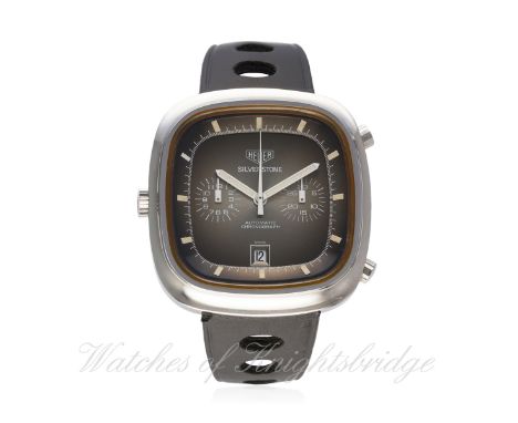 A RARE GENTLEMAN'S STAINLESS STEEL HEUER SILVERSTONE AUTOMATIC CHRONOGRAPH WRIST WATCH CIRCA 1970s REF. 110.313F D: Fume sunb
