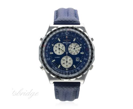 A GENTLEMAN'S STAINLESS STEEL BREITLING JUPITER PILOT QUARTZ CHRONOGRAPH ALARM WRIST WATCH CIRCA 1994, REF. A59028
D: Blue di
