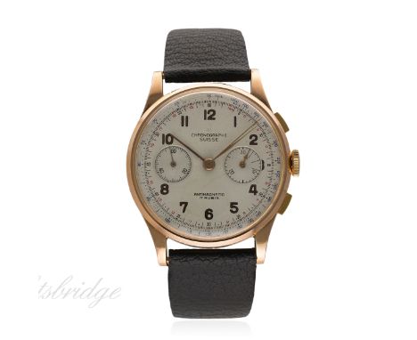 A GENTLEMAN'S 18K SOLID ROSE GOLD CHRONOGRAPHE SUISSE CHRONOGRAPH WRIST WATCH CIRCA 1940s, REF. 934
D: Silver dial with gilt 