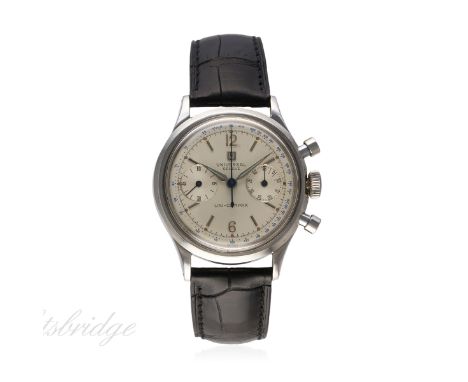 A RARE GENTLEMAN'S STAINLESS STEEL UNIVERSAL UNI COMPAX CHRONOGRAPH WRIST WATCH CIRCA 1960, REF. 22296 4
D: Silver dial with 