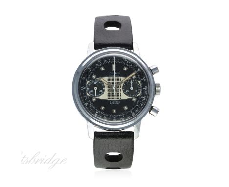 A RARE GENTLEMAN'S VULCAIN CHRONOGRAPH WRIST WATCH CIRCA 1970s
D: Black & silver dial with luminous inlaid silver markers, ta