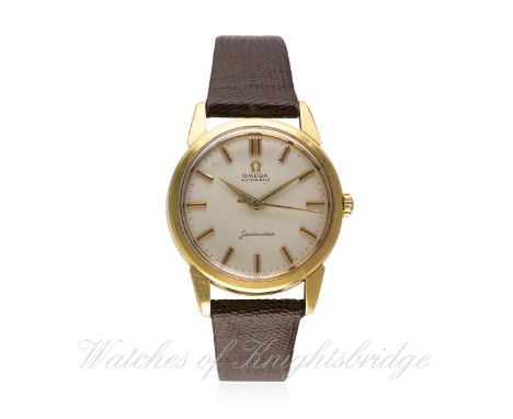 A GENTLEMAN'S 18K SOLID GOLD OMEGA SEAMASTER AUTOMATIC WRIST WATCH CIRCA 1950, REF. 141251
D: Silver dial with luminous inlai