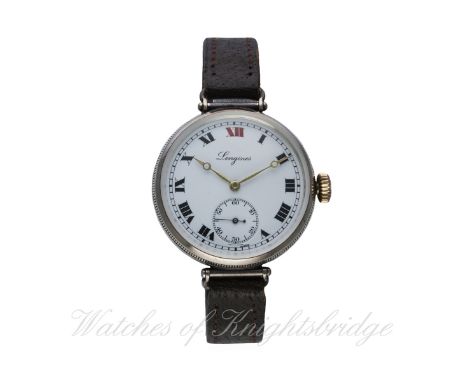 A GENTLEMAN'S SOLID SILVER LONGINES WRIST WATCH CIRCA 1920s
D: White enamel dial with Arabic numerals, subsidiary seconds. M: