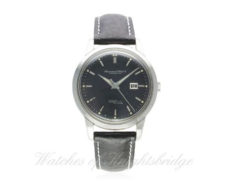 A RARE GENTLEMAN'S STAINLESS STEEL IWC INGENIEUR WRIST WATCH CIRCA 1950s WITH IWC BOX
D: Gloss black dial with silver batons 