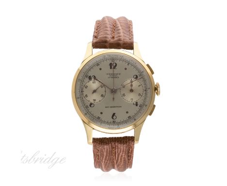 A GENTLEMAN'S 18K SOLID GOLD CHRONOGRAPHE SUISSE CHRONOGRAPH WRIST WATCH CIRCA 1940s
D: Silver dial with gilt Arabic numerals