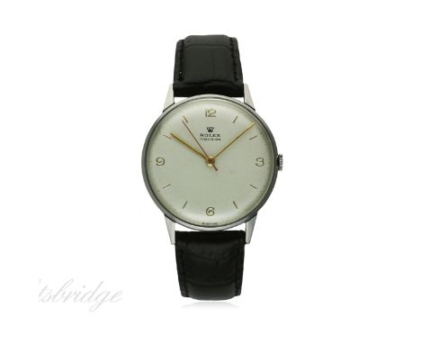 A GENTLEMAN'S LARGE SIZE STAINLESS STEEL ROLEX PRECISION WRIST WATCH CIRCA 1950s, REF. 4364
D: Silver dial with gilt batons &