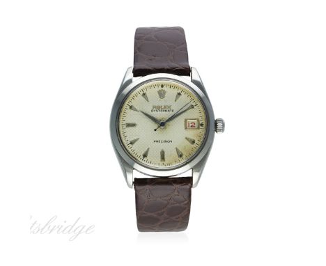 A GENTLEMAN'S STAINLESS STEEL ROLEX OYSTERDATE PRECISION WRIST WATCH CIRCA 1954, REF. 6294 WITH "ROULETTE" DATE
D: Silver "ho