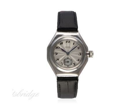 A GENTLEMAN'S CHROME PLATED ROLEX OYSTER OCTAGONAL WRIST WATCH CIRCA 1930s, REF. 8136
D: Silver engine turned dial with Bregu