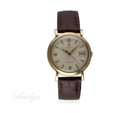 A GENTLEMAN'S 9CT SOLID GOLD ROLEX PRECISION DATE WRIST WATCH DATED 1955 FROM CASE BACK INSCRIPTION
D: Silver dial with raise