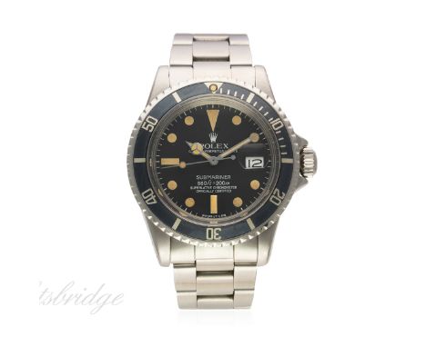 A GENTLEMAN'S STAINLESS STEEL ROLEX OYSTER PERPETUAL DATE SUBMARINER BRACELET WATCH CIRCA 1974, REF. 1680
D: Black dial with 