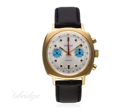 A GENTLEMAN'S GOLD PLATED EXACTUS CHRONOGRAPH WRIST WATCH CIRCA 1970, REF. 1008
D: Silver dial with gilt batons, outer tachym