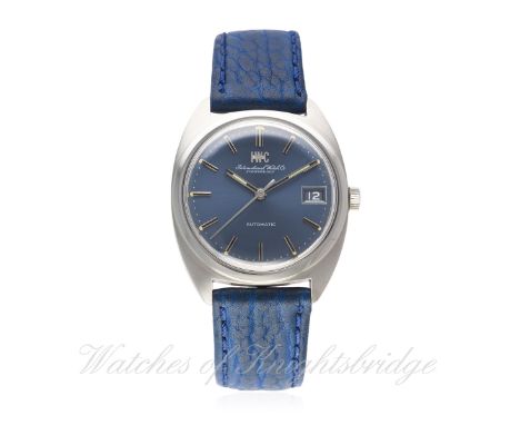 A GENTLEMAN'S STAINLESS STEEL IWC AUTOMATIC WRIST WATCH CIRCA 1960s
D: Blue sunburst dial with black inlaid silver batons & h