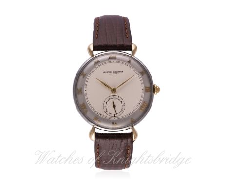 A GENTLEMAN'S LARGE SIZE STEEL & GOLD VACHERON & CONSTANTIN WRIST WATCH CIRCA 1950s
D: Two tone silver dial with raised gilt 