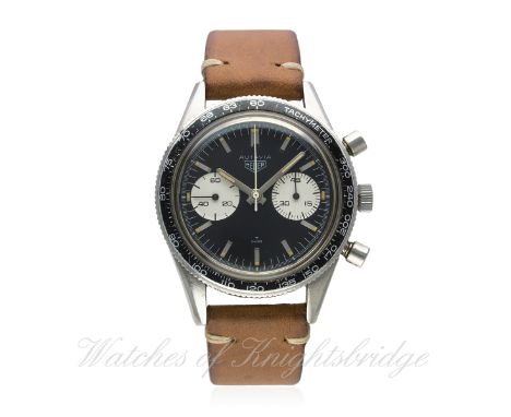 A RARE GENTLEMAN'S STAINLESS STEEL HEUER AUTAVIA CHRONOGRAPH WRIST WATCH CIRCA 1960s, REF. 3646 "ANDRETTI"
D: Black dial with