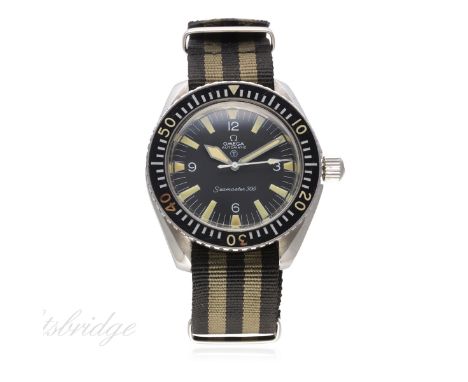 A RARE GENTLEMAN'S STAINLESS STEEL BRITISH MILITARY OMEGA SEAMASTER 300 WRIST WATCH DATED 1967, REF. 165.024
D: Black dial wi