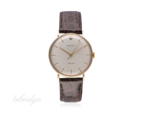 A GENTLEMAN'S 9CT SOLID GOLD ROLEX PRECISION WRIST WATCH CIRCA 1960s, REF. 4364
D: Silver dial with gilt batons & hands. M: 1