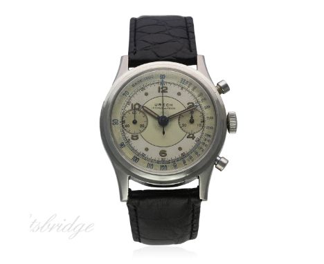 A GENTLEMAN'S STAINLESS STEEL URECH CHRONOGRAPH WRIST WATCH CIRCA 1950
D: Silver two tone dial with luminous Arabic numerals 
