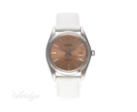 A GENTLEMAN'S STAINLESS STEEL ROLEX OYSTERDATE PRECISION WRIST WATCH CIRCA 1971, REF. 6694
D: Salmon pink sunburst dial with 