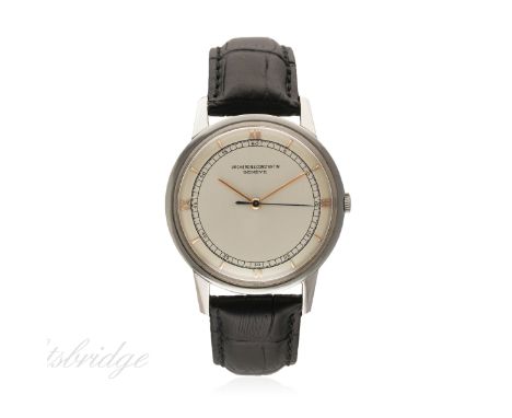 A RARE GENTLEMAN'S LARGE SIZE STAINLESS STEEL VACHERON & CONSTANTIN WRIST WATCH CIRCA 1950s, REF. 6561
D: Silver dial with gi