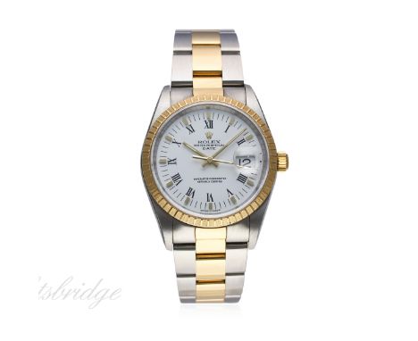 A GENTLEMAN'S STEEL & GOLD ROLEX OYSTER PERPETUAL DATE BRACELET WATCH DATED 2002, REF. 15223 UNWORN WITH CASE STICKER, BOX, P