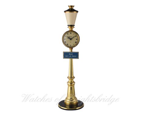 A JAEGER 8 DAY ALARM RUE DE LA PAIX "STREET LAMP" DESK CLOCK CIRCA 1960s
D: Ivory colour dial with applied Roman numerals, al