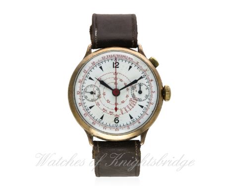 A GENTLEMAN'S GOLD PLATED SINGLE BUTTON PILOT'S CHRONOGRAPH WRIST WATCH CIRCA 1920s
D: White enamel dial with black markers, 