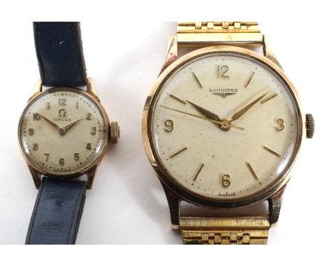 Gentlemans 9ct gold cased Longines manual wind wristwatch, the dial with gilt batons with quarterly Arabic numerals denoting 