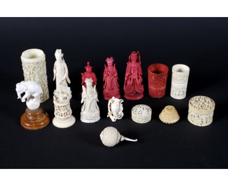 A collection of late 19th/early 20th century Chinese carved ivory, including: beakers, chess piece, pill boxes and covers and