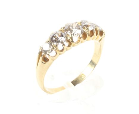 A Victorian five stone diamond ring, mounted in a claw setting, yellow metal band, 3.4g