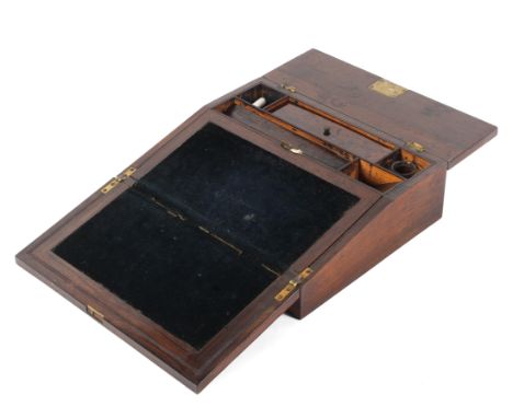 A 19th century rosewood and mother of pearl inlaid writing slope, with velvet lined slope, fitted with pen rest, inkwell and 