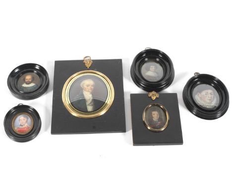 A group of six portrait miniatures of gentlemen, early 19th century and later, including an example of a gentleman in militar