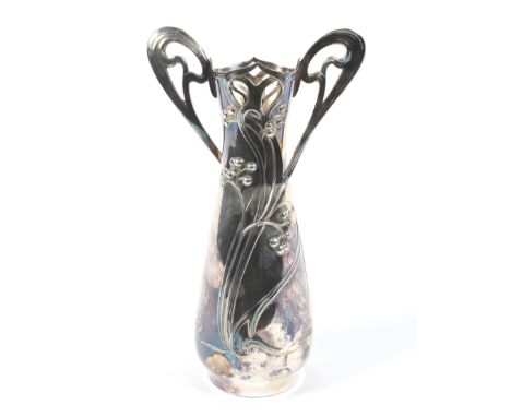 A WMF Art Nouveau silver-plated two-handled vase, stamped with lozenge mark, b, ox, cast with berried scrolling foliage, belo