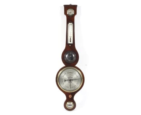 A Regency inlaid mahogany banjo barometer by John Evans, with date dry dial, barrometer, face mirror and inscribed plaque, H9