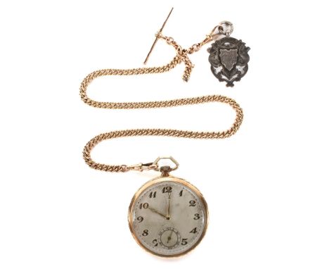 A 9ct gold open faced pocket watch with attached 9ct gold Albert chain, the checkered dial with gold Arabic numerals denoting