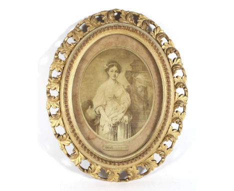 A 19th century giltwood oval picture frame and a sepia print of a portrait of a lady after Jean Baptiste Greuve, the frame ca