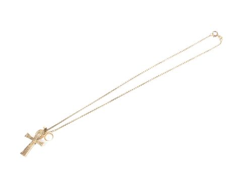 A 9ct gold chain with Egyptian style Ankh pendant, alongside a seed pearl pendant, 6g