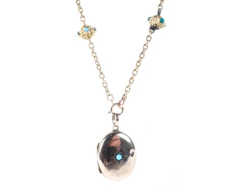 A Victorian gold and turquoise mounted long guard chain with yellow metal oval locket 22g