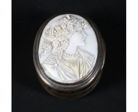 A 19th century oval silver snuff box inset with carved ivory portrait of a maiden, of oval form, L5.2cm Condition Report: Of 