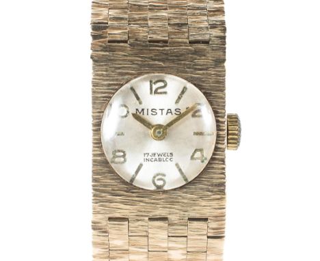 A vintage ladies 9ct gold Mistras wristwatch, the silvered dial with alternating baton and Arabic numeral hours markers, on o