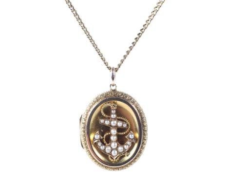 An ornate gold photo locket pendant, adorned with an anchor set with seed pearls, on a 9ct gold chain, locket 14.2g, chain 8g