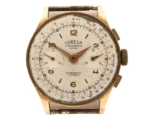 A mid-century Coresa 18ct gold cased manual wind "chronographe Suisse" wristwatch, the dial with alternating Arabic and baton