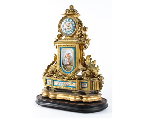 A late 19th century gilt metal and Sevres-style porcelain mounted mantel clock, the turquoise and putti, painted dial with Ro