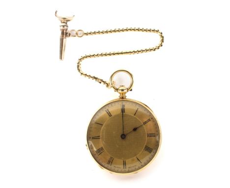 A Victorian yellow metal ladies fob watch with chain and key, the gilt dial with Roman numerals denoting hours, insription to