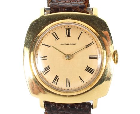 An 18ct gold cased Bueche Girod wristwatch, the gilt dial with Roman numerals denoting hours, case back hallmarked 18ct gold,