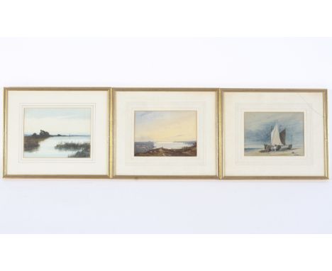 Three 19th century watercolours, the first signed A Moulton, depicting a river landscape, the second with a figure in a seasc