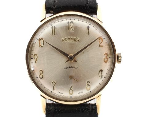 A vintage gents 9ct gold cased manual wind Roamer wristwatch, the silvered dial with gilt Arabic numerals denoting hours, sec