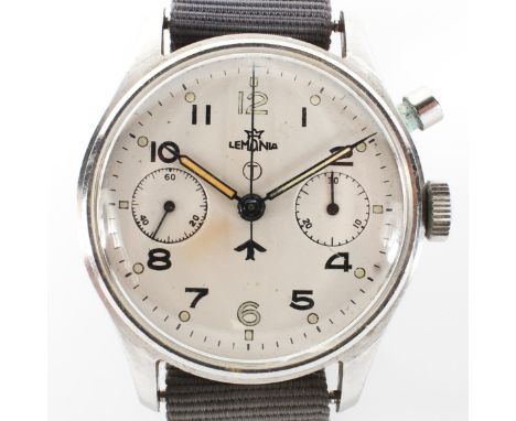 A military Royal Navy issue Lemania Monopush chronograph wristwatch, the silvered dial with Arabic numerals denoting hours, s