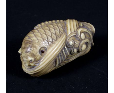 A Japanese Meiji carved ivory netsuke in the form of a koi carp, with signature to base L4.7cm