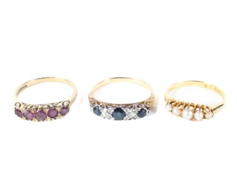 Three assorted 9ct gold dress rings, set with seed pearls, rubies and a sapphire and diamond ring, 7.2g, size K, M &amp; N